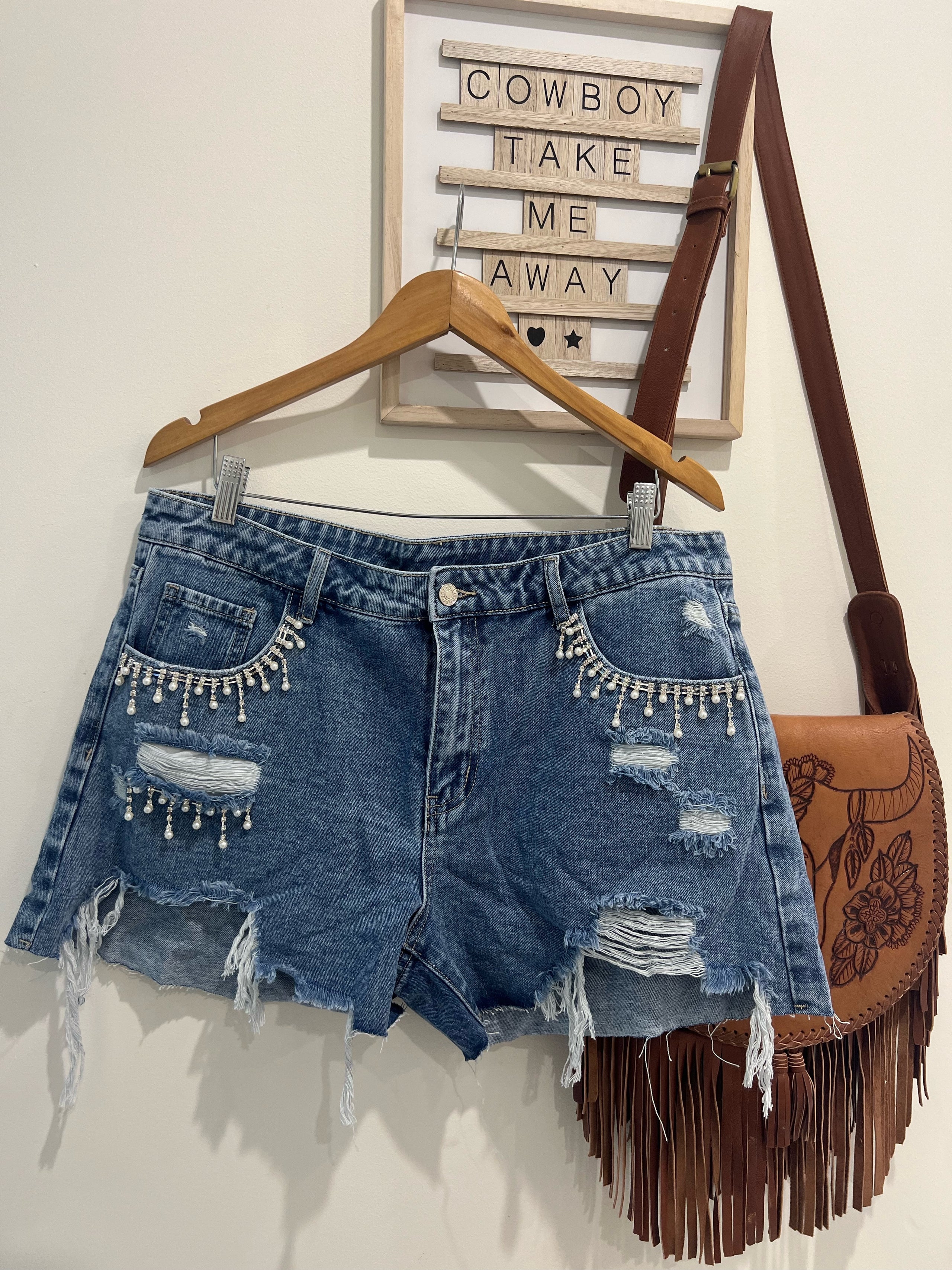 Tassel Rhinestone Denim Shorts